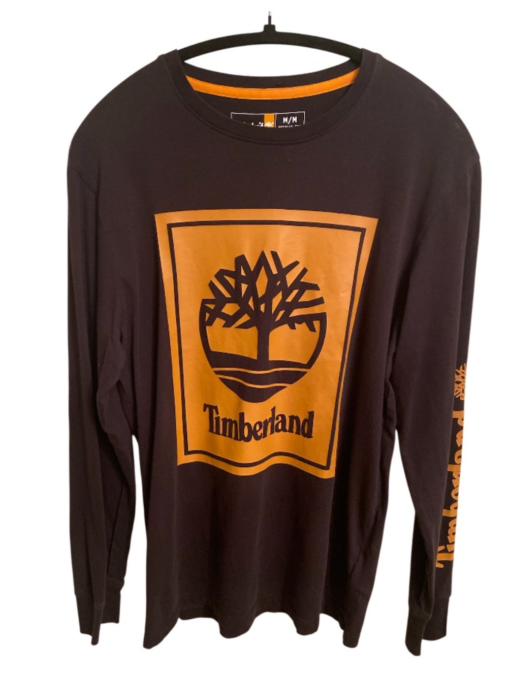 Timberland Men's Stack Logo Long Sleeve T-Shirt, black with orange logo size M